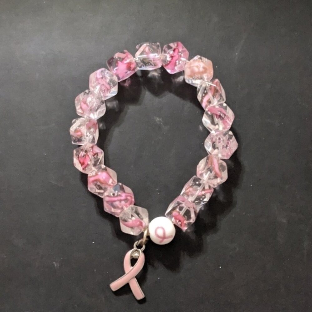 PINK And Clear Swirl Pink Ribbon Breast Cancer Stretchy Elastic Bracelet